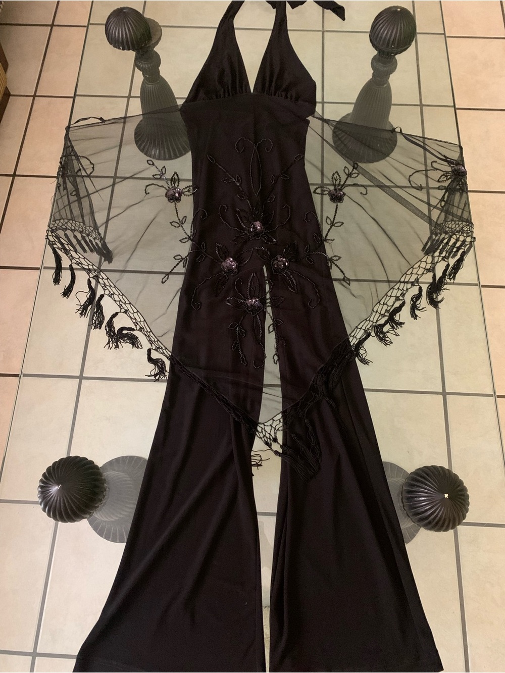 Vintage Janine Sheer Beaded Overlay Black Jumpsuit Made in the USA Size XS